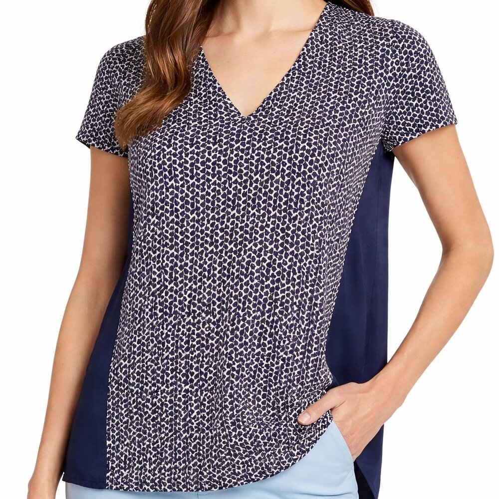 Tory Burch Tessera Top Medium Linen Silk Mixed Media V Neck Short Sleeve Blouse - Picture 1 of 8